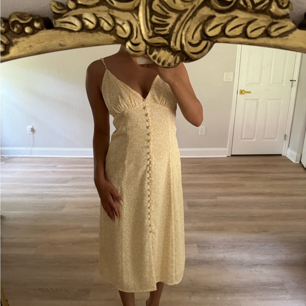Backyard Roses Yellow Floral Midi Slip Dress (Small)